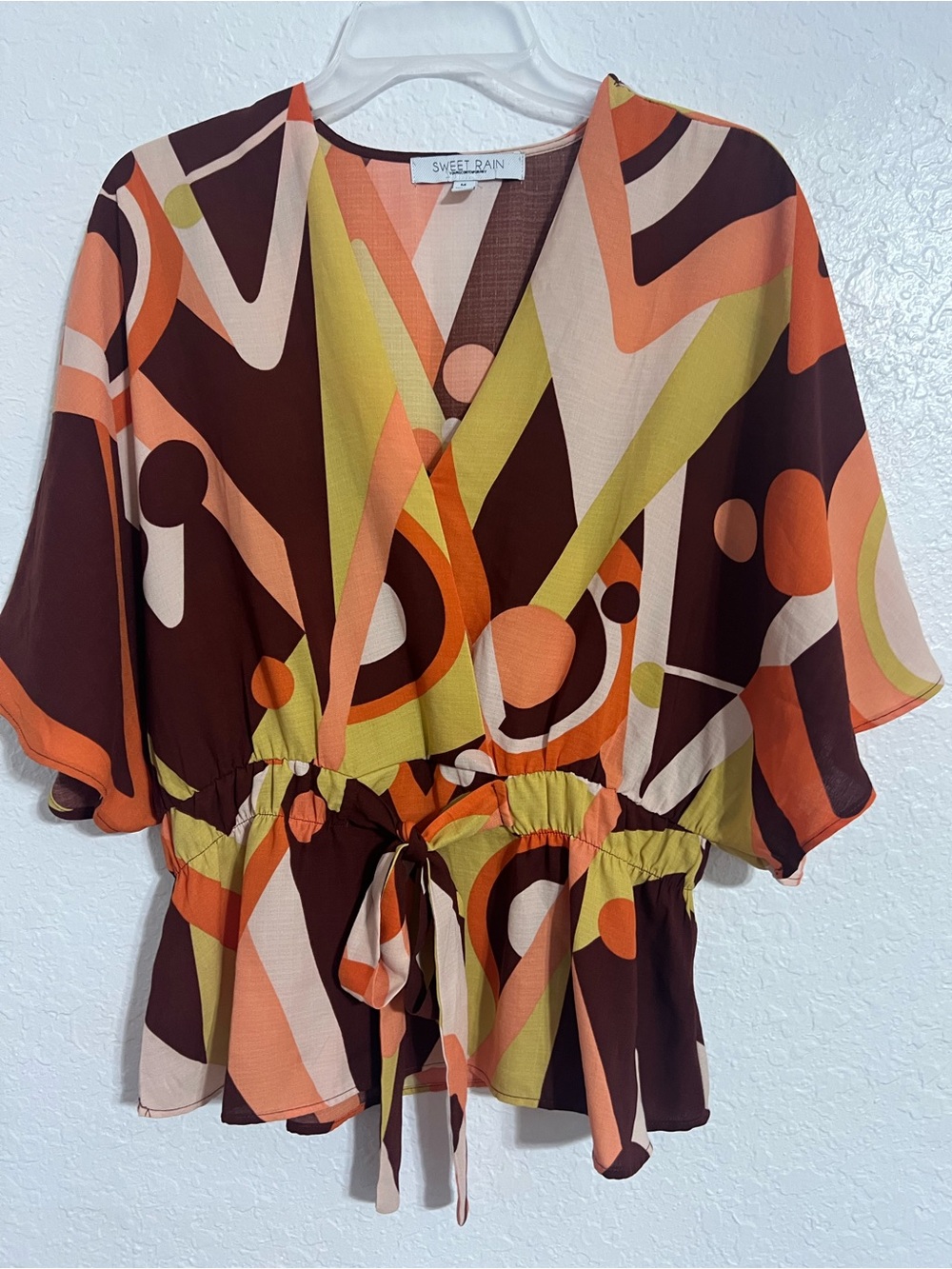 Sweet Rain Retro Geo Tie-Front Blouse - Brown/Orange/Green/Cream Size M #101